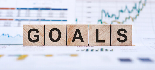GOAL word made with building blocks isolated on background with financial graphs and charts. Business concept