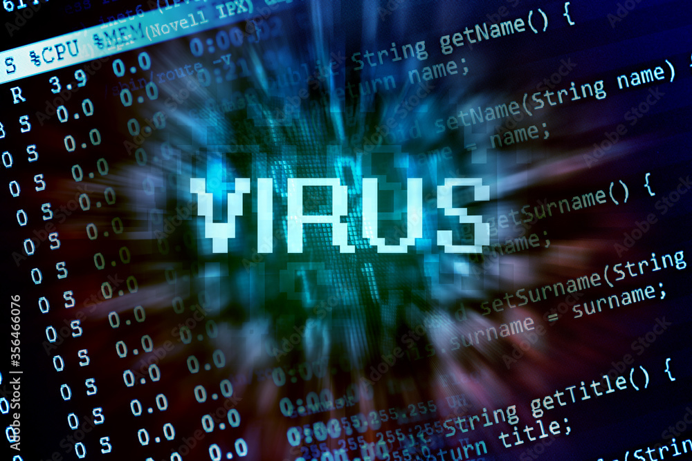 Poster Virus sign and digital binary data on computer screen. Close-up with small dept of field.