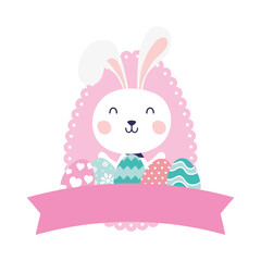 cute rabbit with eggs painted happy easter character