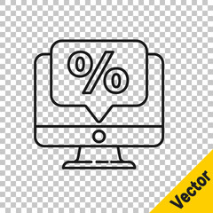 Black line Percent discount and monitor icon isolated on transparent background. Sale percentage - price label, tag. Vector Illustration.