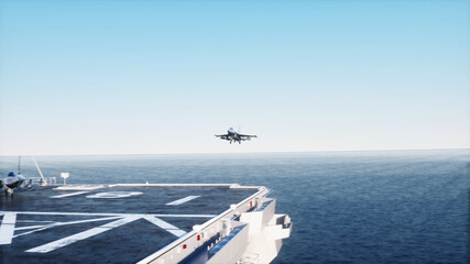landing jet f16 on aircraft carrier in ocean. Military and war concept. 3d rendering. © 3D motion