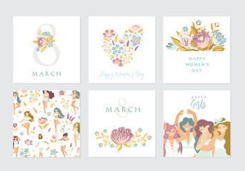 Set of illusttation. 8 march, International Women's Day. Vector template
