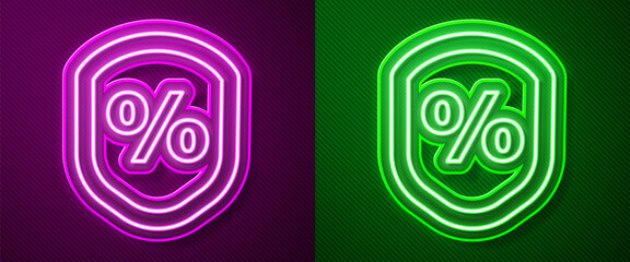 Glowing neon line Loan percent icon isolated on purple and green background. Protection shield sign. Credit percentage symbol. Vector Illustration.