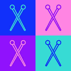 Pop art line Knitting needles icon isolated on color background. Label for hand made, knitting or tailor shop. Vector Illustration.