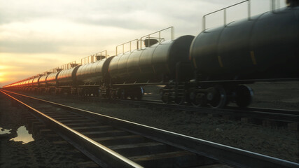 Fototapeta na wymiar Freight train oil tankers. Against Sunrise. 3d rendering.
