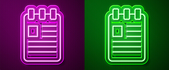 Glowing neon line Notebook icon isolated on purple and green background. Spiral notepad icon. School notebook. Writing pad. Diary for school. Vector Illustration.