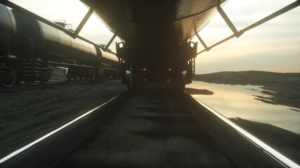 Freight train oil tankers. Against Sunrise. 3d rendering.