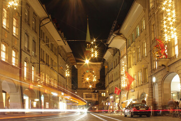 Fototapeta na wymiar Bern / Switzerland - January 8, 2020: old city street at night