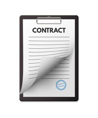Fototapeta premium Blank vector contract with seal on clipboard. Deal agreement, treaty signing. Official business paper document. Employment, partnership. Finance and investment. Design isolated on white background.