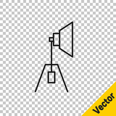 Black line Movie spotlight icon isolated on transparent background. Light Effect. Scene, Studio, Show. Vector Illustration.