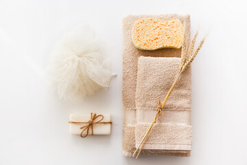 Body and skin hygienic care toiletry spa accessories, on white background. Flat lay. Copy space