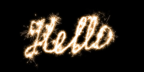 The inscription Hello on a black background with sparklers using a simulated long exposure.