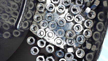 Process of production of nuts, screws. Industrial concept. Factory equipment and macine. Steel. 3d rendering.