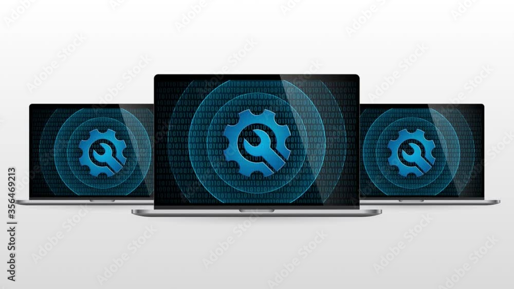 Poster laptop computer portable device with repair tool. realistic laptop monitor with tool symbol in scree