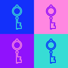 Pop art line Old key icon isolated on color background. Vector Illustration.