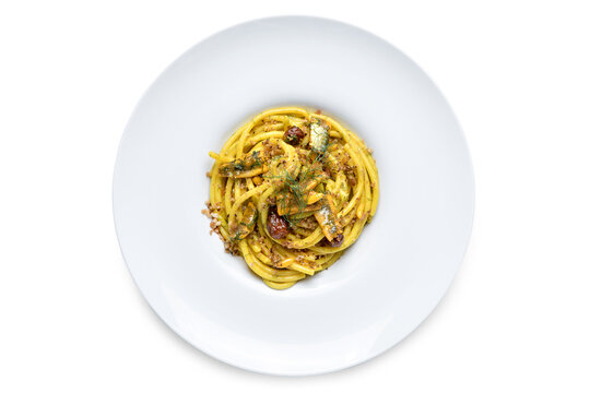 Italian Pasta Dish &ndash; "pasta con le Sarde" &ndash; Isolated on White Background