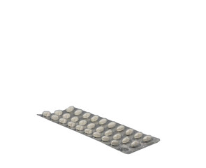 Blister in which there are small pills. One tablet is missing. The blister is isolated on a white background.