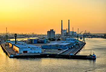 View over the port of Le Havre in France at sunrise
