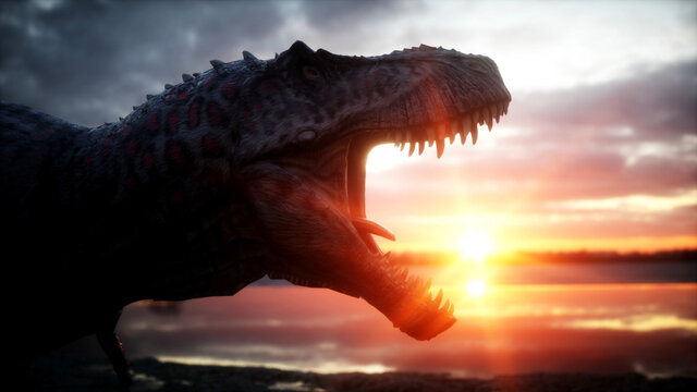 Dinosaur. Prehistoric period, rocky landscape. Wonderfull sunrise. 3d rendering.