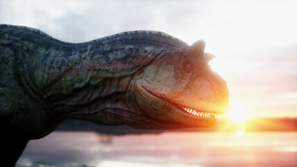 Dinosaur. Prehistoric period, rocky landscape. Wonderfull sunrise. 3d rendering.