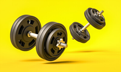 classic gym dumbbells on a yellow background.