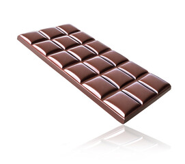 A perspective view of a bar of dark chocolate on a white background