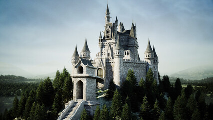 Fototapeta premium Old fairytale castle on the hill. aerial view. 3d rendering.