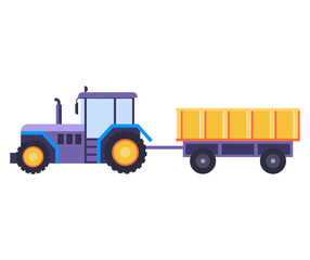 Blue tractor with trailer in flat design.