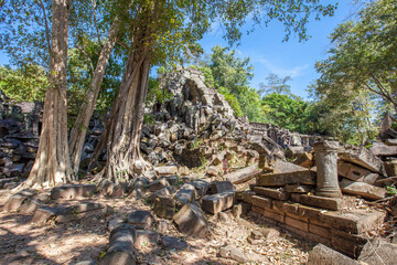 Fototapeta na wymiar Beng Mealea temple ruins and banyan tree, the Angkor Wat style located east of the main group of temples at Angkor, Siem Reap, Cambodia.