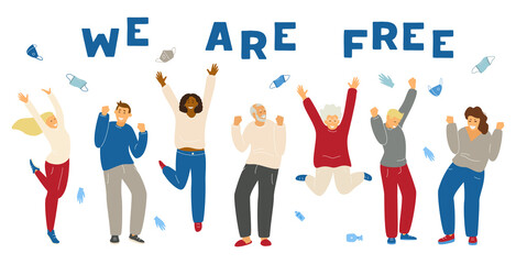 Different people celebrating end of Covid-19 epidemic and quarantine. Happy people jumping, smiling, dancing surrounded with useless protective clothes. Global celebration. Flat vector illustration.