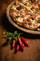 Delicious pizza in wood table