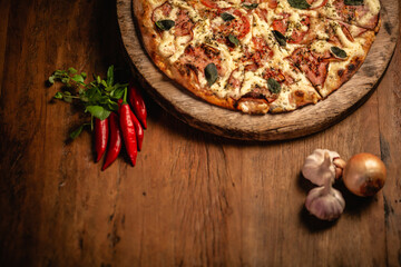 Delicious pizza in wood table