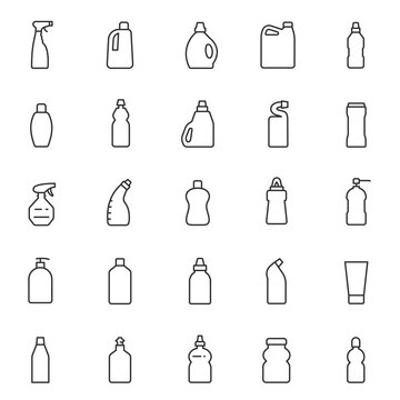 Detergents in different packages, icon set. Household chemicals for cleaning and disinfection, linear icons. Line with editable stroke