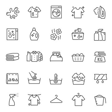 Washing clothes, laundry, icon set. Hand and automatic cleaning, linear icons. Line with editable stroke