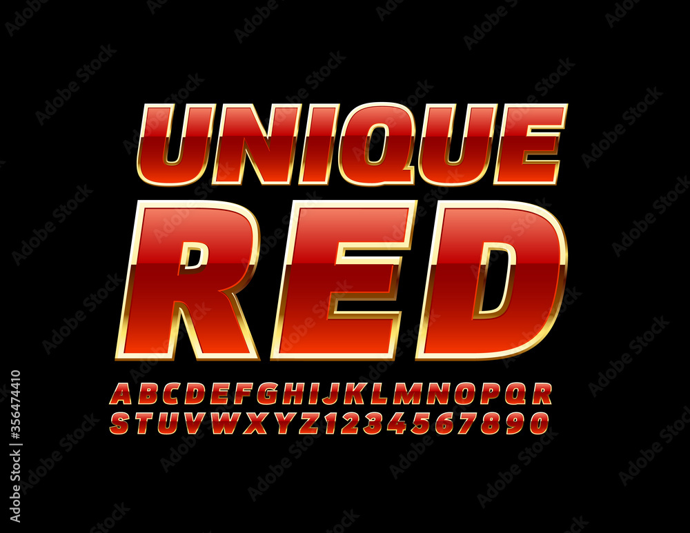 Poster vector unique red font. chic glossy alphabet letters and numbers