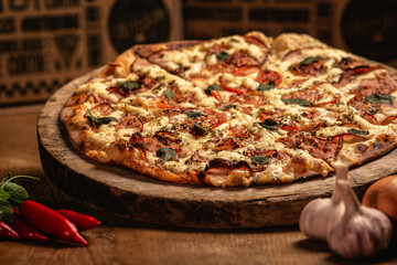 Delicious pizza in wood table