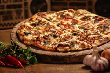 Delicious pizza in wood table
