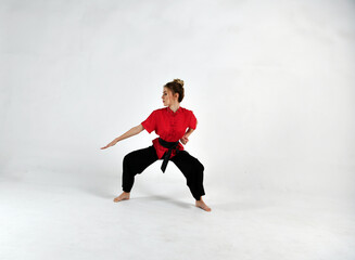 Fototapeta na wymiar beautiful girl in black and red does exercises for mastery of martial arts