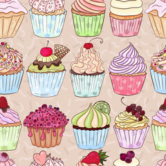 Yummy cupcakes pattern. Many types  cakes. Muffin, cream, chocolate, cherry, wafer, pastel background.

