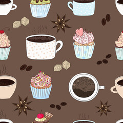 Cakes and coffee pattern. Cupcakes, cinnamon, sugar, cream, chocolate texture. 