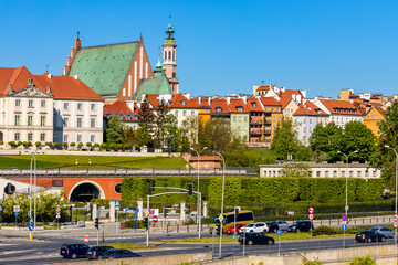 Panoramic view of Stare Miasto Old Town historic quarter with Wybrzerze Gdanskie embankment at Vistula river in Warsaw, Poland - obrazy, fototapety, plakaty