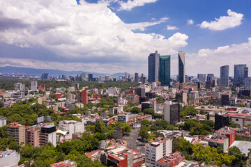 Aerial panoramic view of Condesa neighbourhood and the skyline in Mexico City.