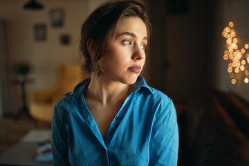 Close up image of sad student girl in blue shirt looking away with unhappy facial expression, being bored as she has to stay at home and prepare for exam. Beautiful young female posing indoors