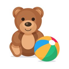 Happy sitting  teddy bear toy with the colorful ball icon. Vector illustration in flat style.