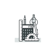 Maths concept. Educational set icons. Vector isolated on white. Symbols of mathematics, arithmetic, geometry, drawing. Studying at school, studying a school subject. Mono gray.