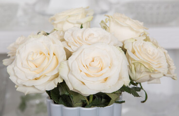 Bouquet of white roses flowers close-up in a vase