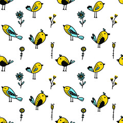 Doodle cute birds. Seamless pattern. Bright colors. Vector illustration for fabric, wrapping paper. On white background. Birds with flowers.