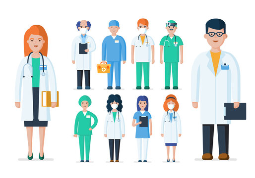 A group of doctors, nurses, and orderlies. A team of professionals to prevent the spread of viruses. Set of medical characters. Flat vector cartoon illustration of medical staff