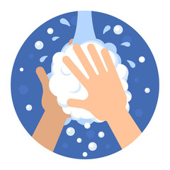 Washing hands with soap icon. Antibacterial hand treatment during the covid-19 pandemic. Prevention of the spread of coronavirus, other viruses and bacteria. Personal hygiene flat vector illustration