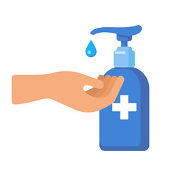Using hand sanitizer and liquid soap. Antibacterial hand treatment against coronavirus. Covid-19 spread prevention and hygiene vector flat illustration. Hand and antiseptic bottle icon